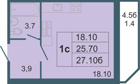 Студия 27.1 м²
