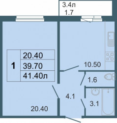 Однокомнатная квартира 40.4 м²